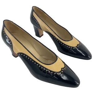 Silvia Fiorentina Vintage Black/Tan Patent Leather Wingtip Heels Women’s 6.5
